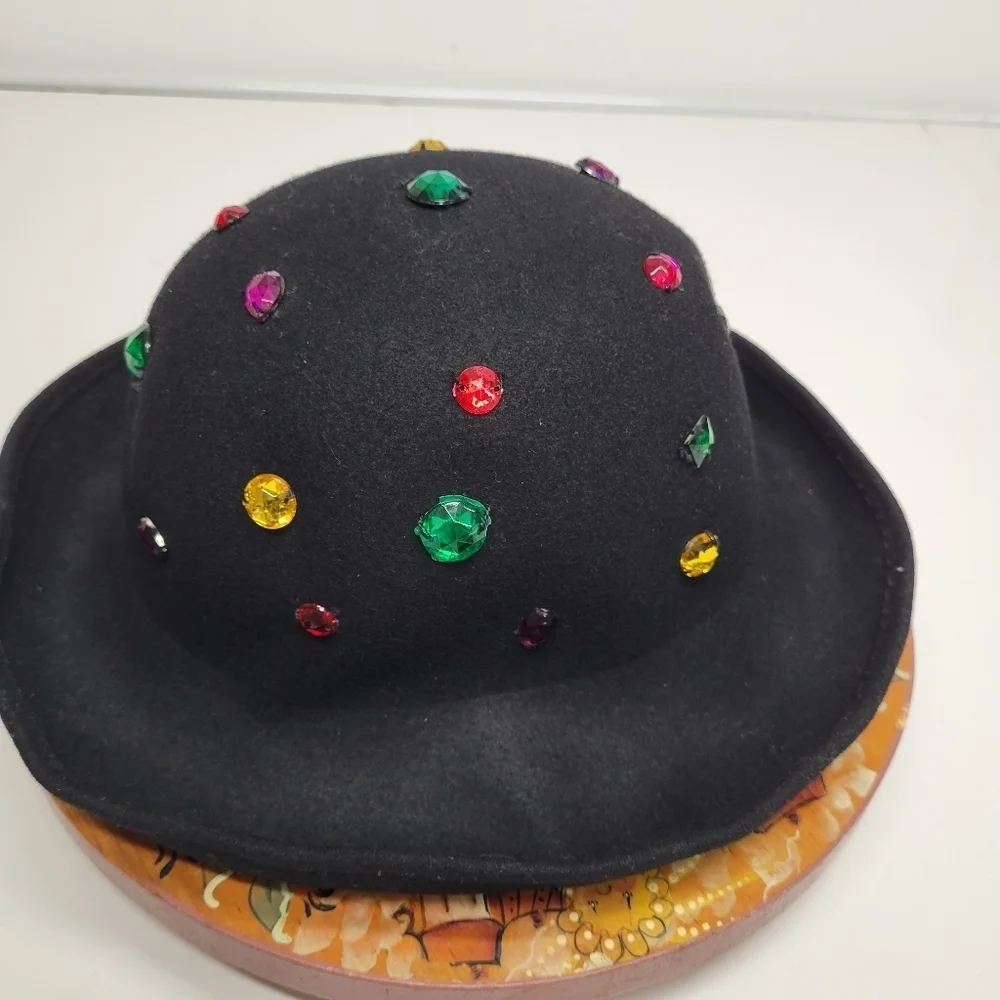 Vintage Wool Bejewled Made in Italy Black Hat Silver‎ Studs Felt 60s Retro - Picture 3 of 17